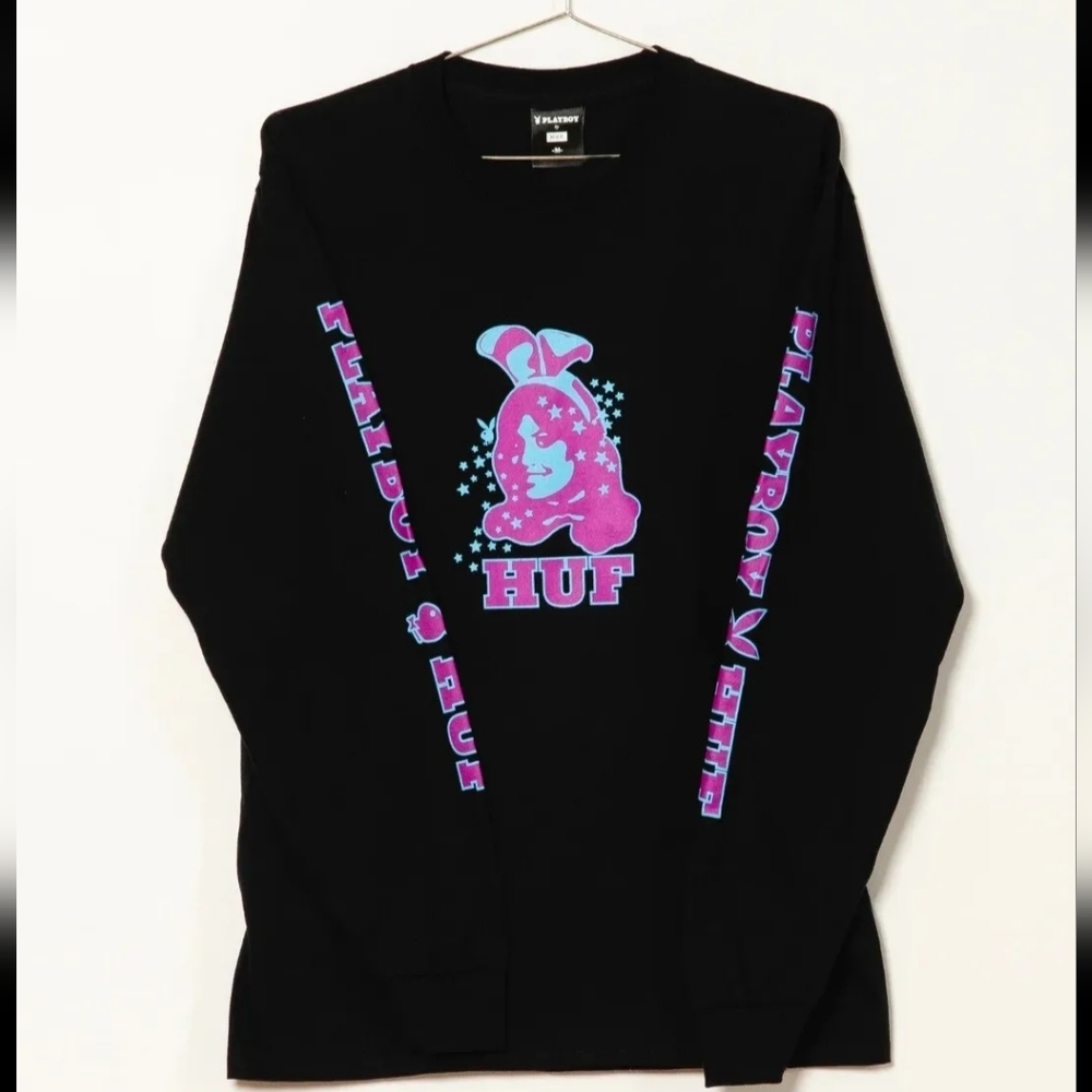 2/$40 NWT Men's HUF X PLAYBOY BUNNY LONG SLEEVE SHIRT BLACK Limited Edition